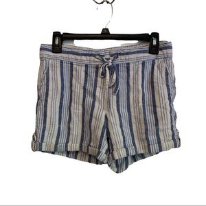 Per Se blue and grey vertical stripe linen viscose‎ blend tie shorts